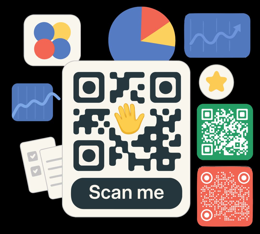 Illustration of QR code generation with branding and analytics features, promoting Qroid's free QR code generator