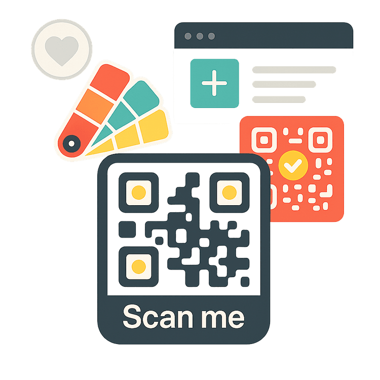 Customized QR code examples with logos, colors, frames, and unique shapes created using Qroid