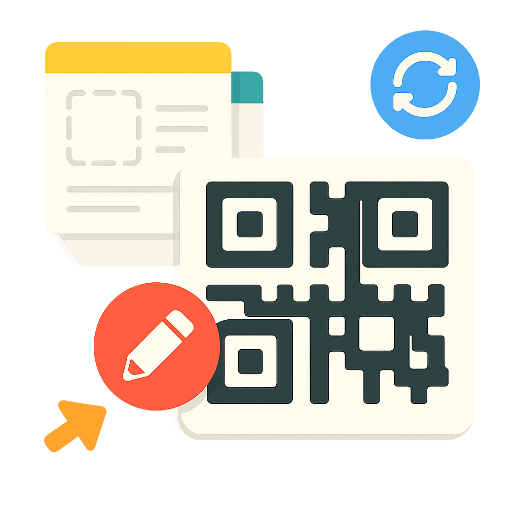 Editable dynamic QR code templates with customizable fields for URLs, contacts, and promotions, streamlining QR code creation for businesses using Qroid